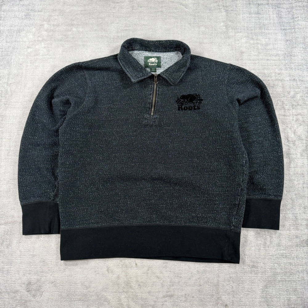 Roots Sweatshirt Mens Medium Black Quarter Zip Pullover Cozy Pepper Canada